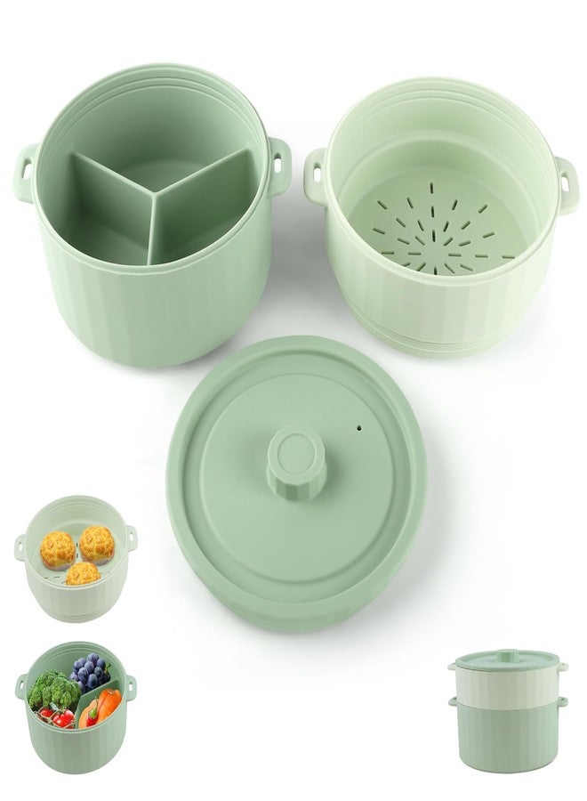 Silicone Microwave Steamer - Microwave Pot Steamer Basket Bowl for Baby Food, Vegetables & Dumplings, Compact & Lightweight Design, Oven & Dishwasher Safe (Green, Double-Layer)